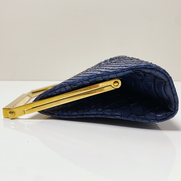 J. Mendel Paris Minuit Navy Blue Gold Python Snakeskin Top Handle Clutch Bag - Picture 7 of 11
